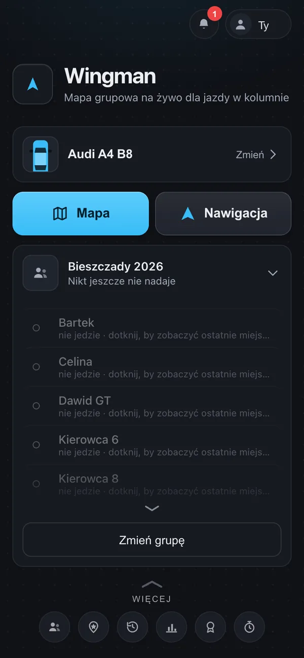 Ekran główny z pojazdem i grupą