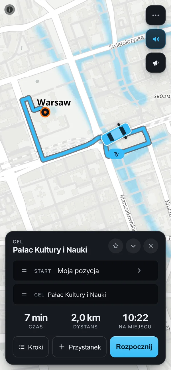 Podgląd trasy przed startem nawigacji